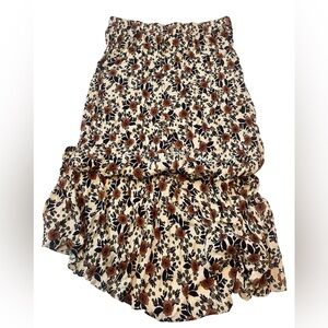 Bobeau Cream and Brown Floral A-Line Maxi Skirt